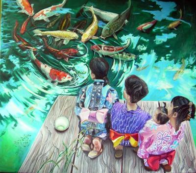 Iwa Kruczkowska-Kr&oacute;l, Yukata i&nbsp;Koi, z&nbsp;cyklu Opowieści o&nbsp;herbacie, 2010, olej, pł&oacute;tno, 140 x&nbsp;150&nbsp;cm