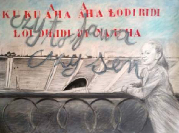 Obraz przedstawiający kobietę na tle drogi. Na obrazie widnieje napis: czy to jawa czy sen.